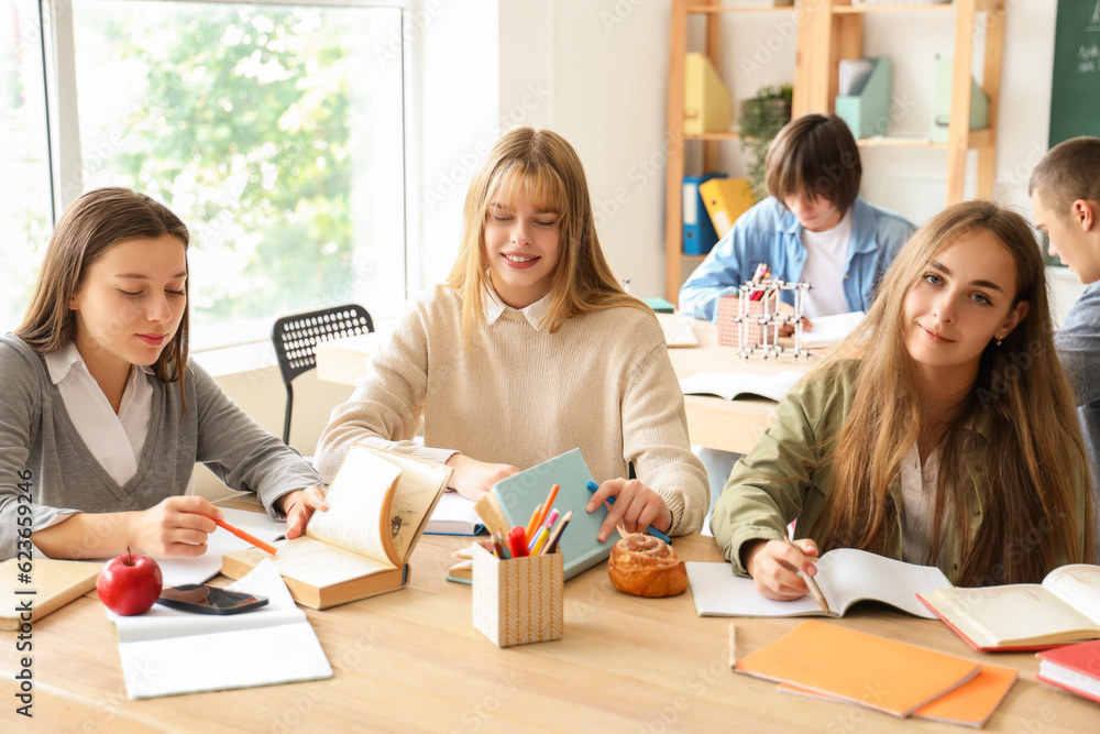 Female students studying at table in classroom