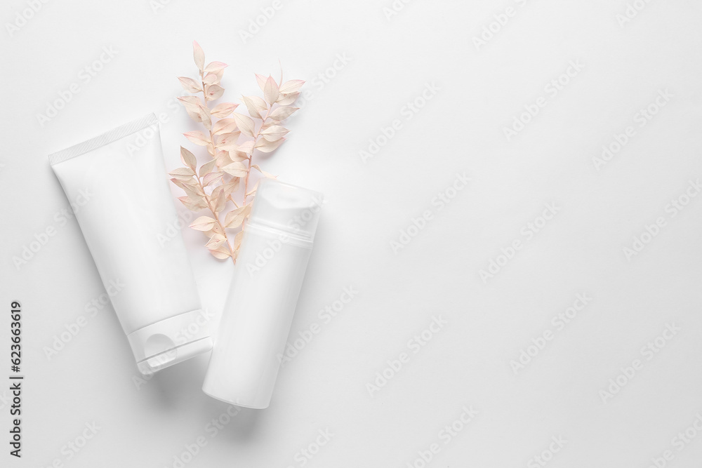 Composition with cosmetic products and dried plants on light background