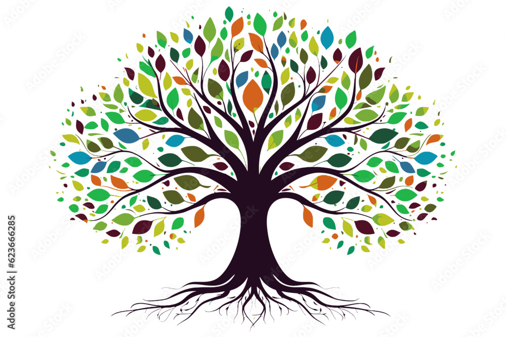 Tree of life with leaves, vector illustration of a colorful tree with roots