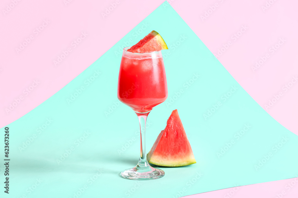 Glass of tasty watermelon fresh on color background