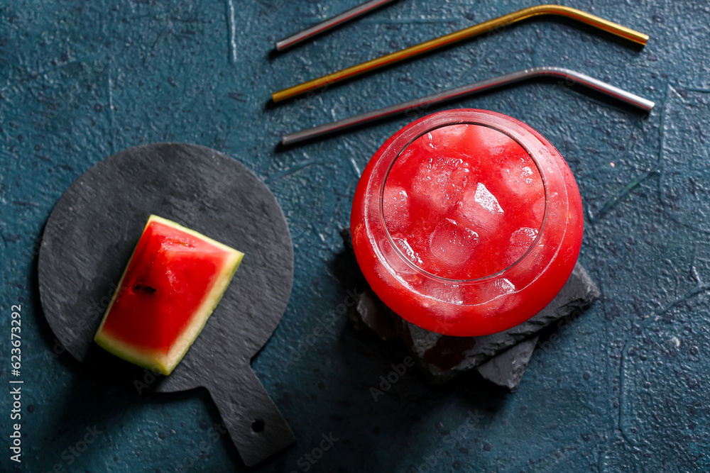 Glass of tasty watermelon fresh on blue background