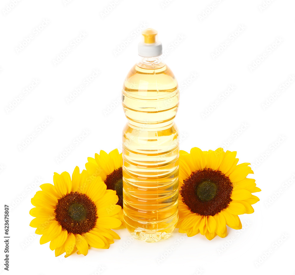 Bottle of sunflower oil on white background