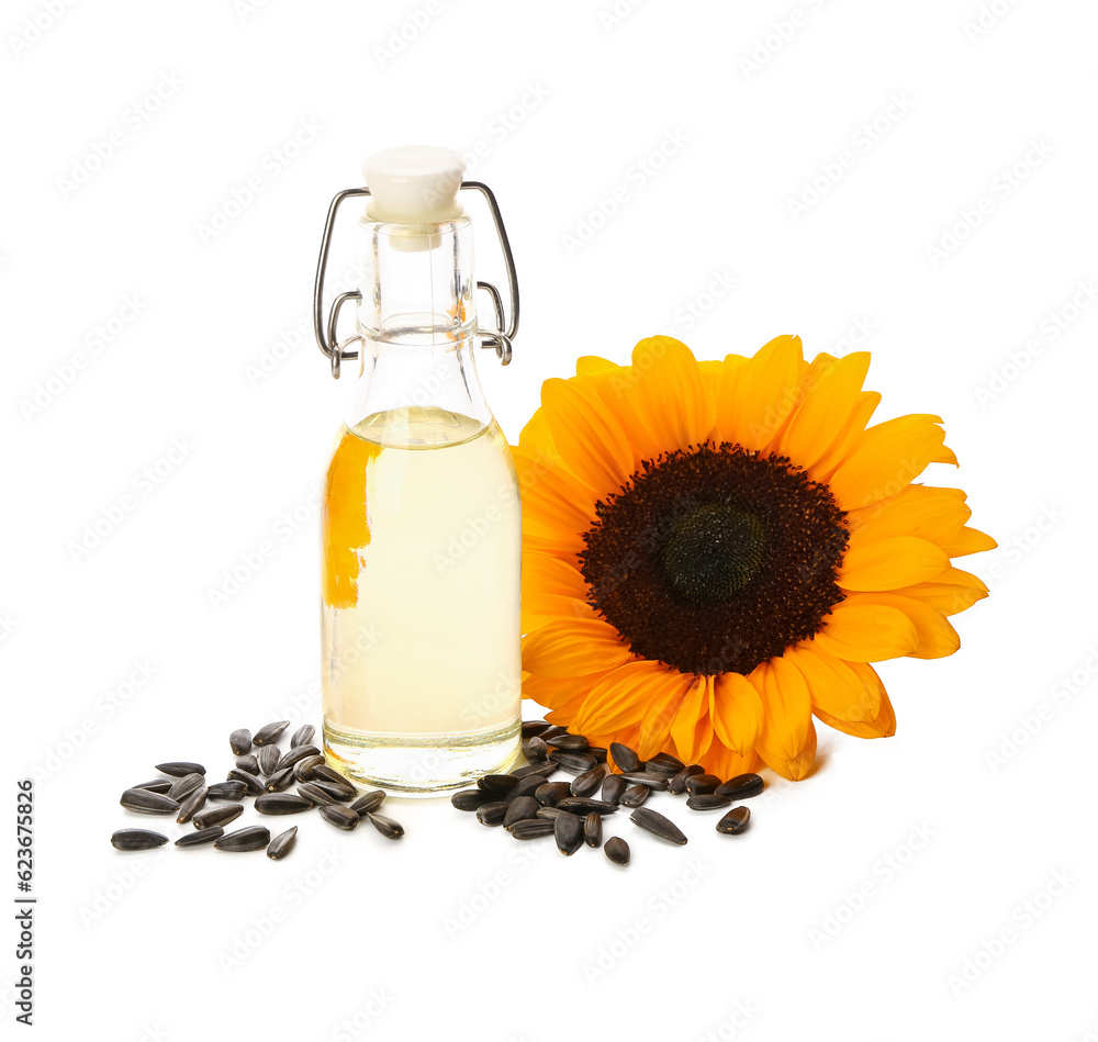 Bottle of sunflower oil on white background