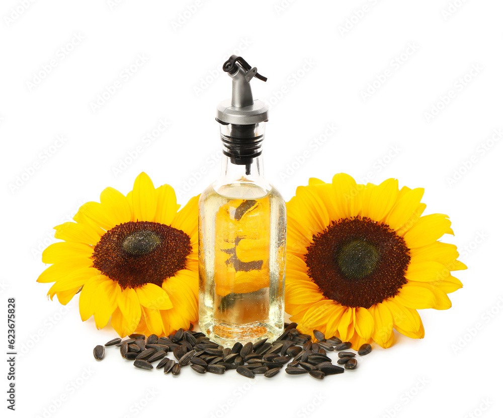 Bottle of sunflower oil on white background