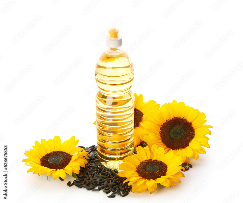 Bottle of sunflower oil on white background