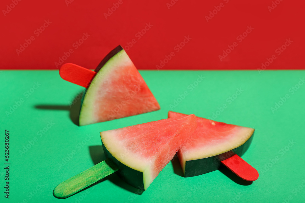 Sweet watermelon sticks on colorful background