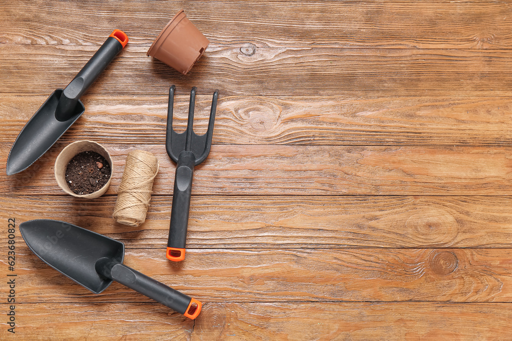 Different gardening tools on wooden background