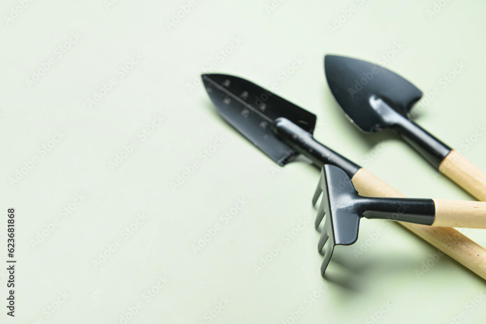 Gardening rake and shovels on green background