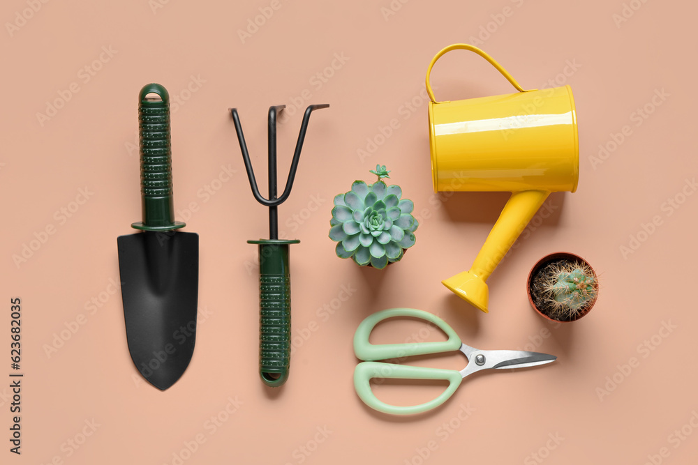 Set of gardening tools on beige background