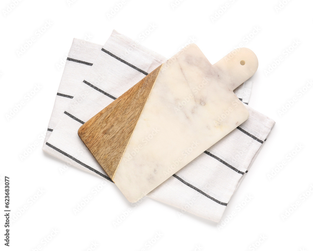 Cutting board and clean napkin on white background