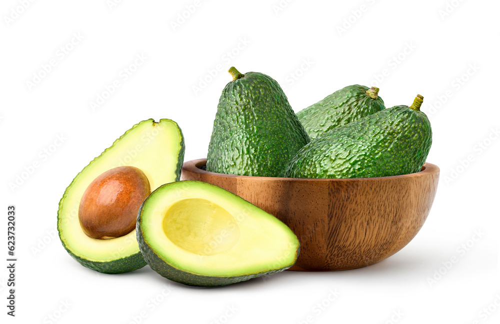 Avocado with cut in half isolated on white background.