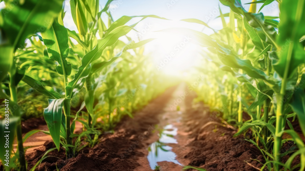 green rows of sprouted corn on a private agricultural field. generative ai