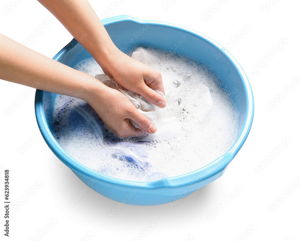 Woman washing clothes in plastic basin isolated on white background