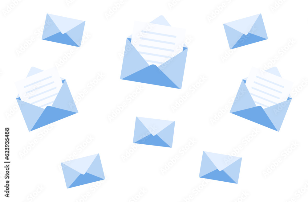 Minimalist vector illustration of email envelopes falling. Receiving mails, marketing and advertisin