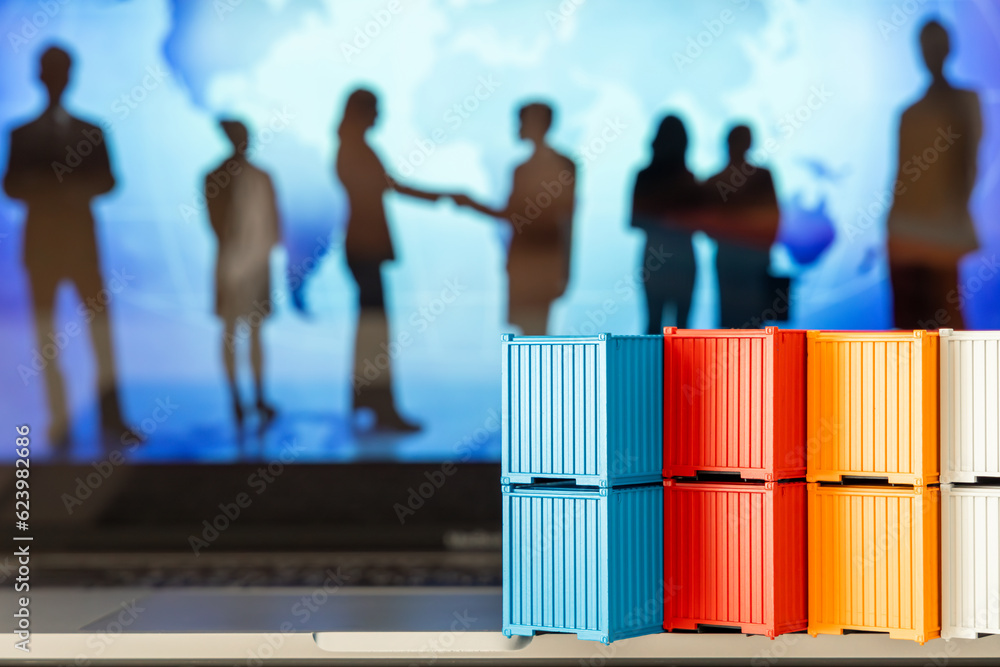 Container box on computer laptop, Global business container ship in import export business logistic,