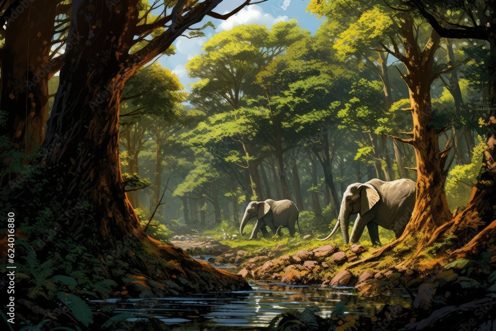 Elephants in the forest, digital painting effect, 10,000 BC forests were home to many animal and pla