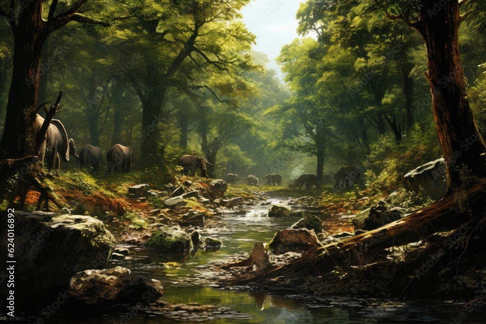 Elephants in the forest,Thailand. 3d rendering, 10,000 BC forests were home to many animal and plant