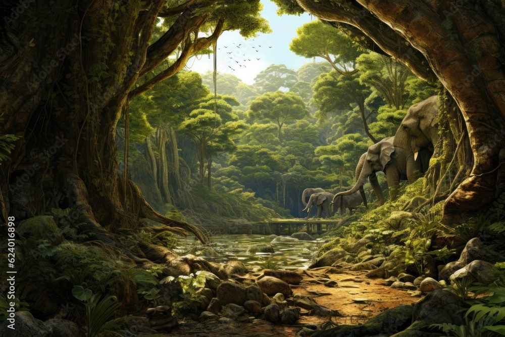 Elephants in the jungle. Fantasy forest, 10,000 BC forests were home to many animal and plant specie