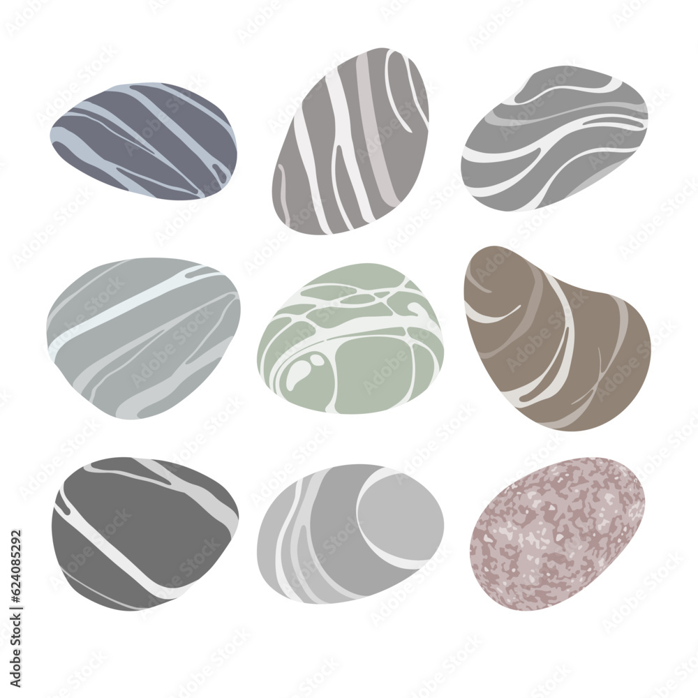 Set of beach pebbles or sea stones in various shapes. Different colors and textures, flat modern sty