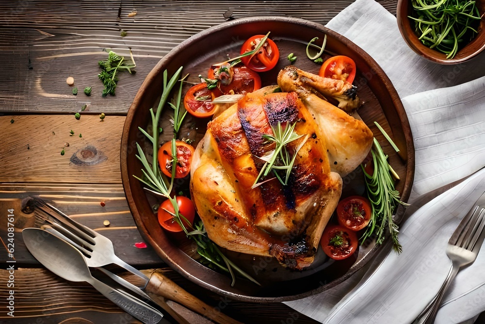 Close-up of roast chicken served on wooden board with different spices. Generative AI  