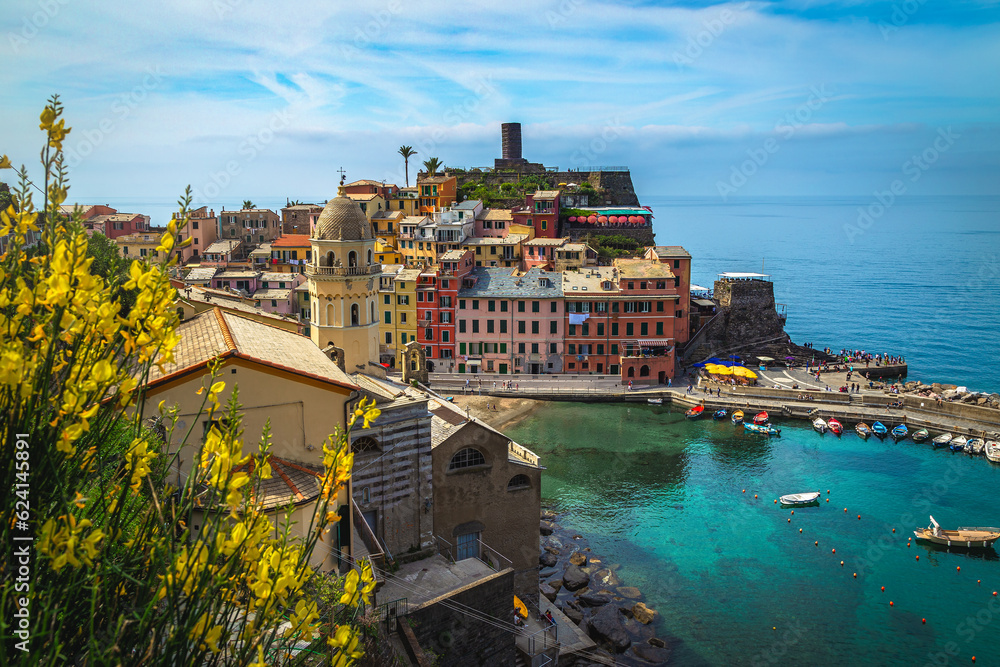 Vernazza view from the flowery hiking trail, Cinque Terre, Italy