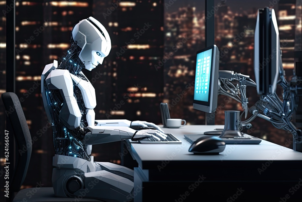 3d rendering humanoid robot working on computer in modern office at night,  humanoid robot working w