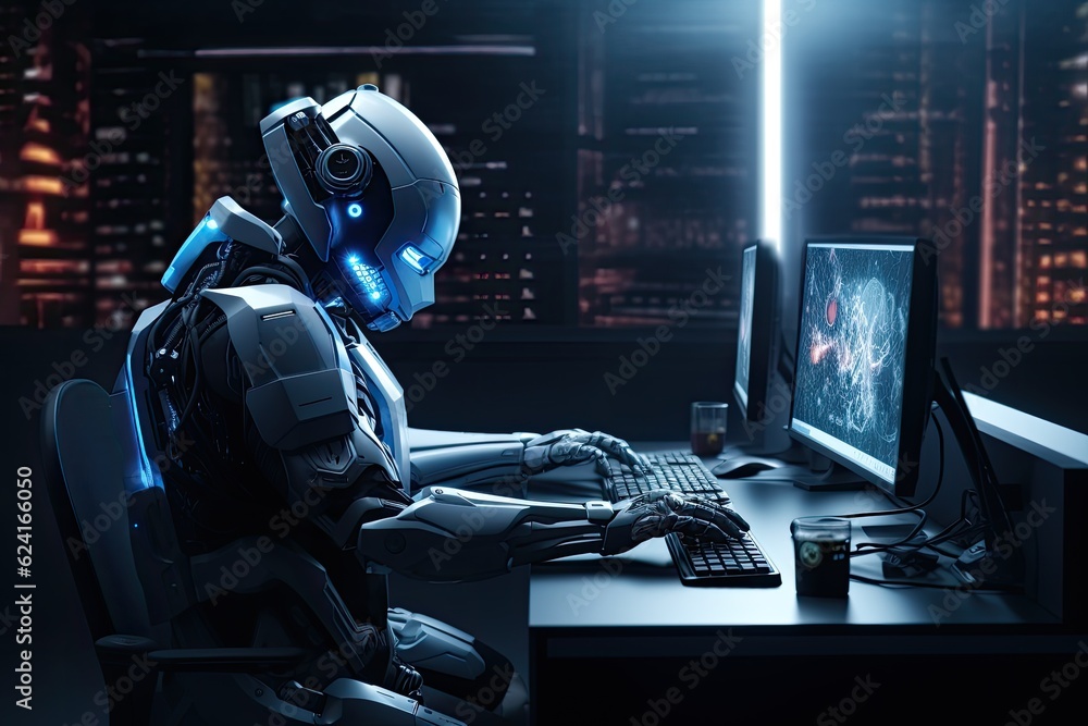 Robot working on desktop computer in dark office. 3d rendering humanoid robot working with a compute