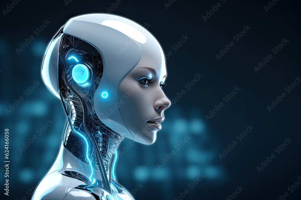 Robot humanoid or female cyborg on blue background 3D rendering, 3d rendering of a female robot with