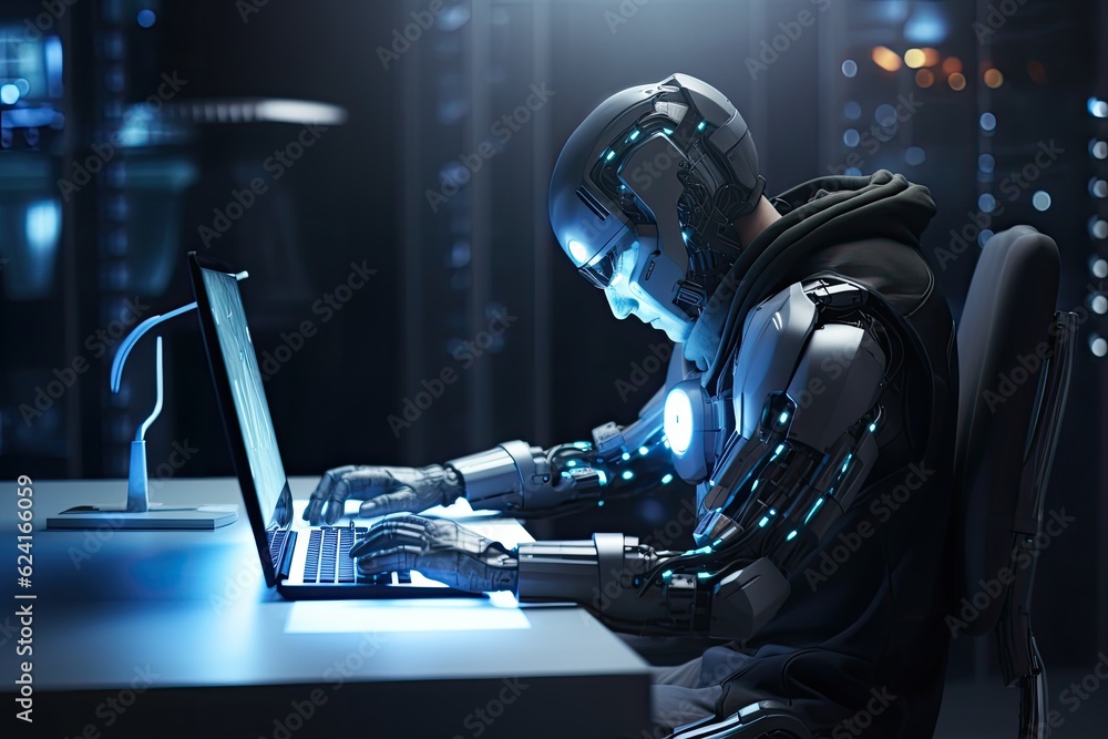 3d rendering humanoid robot working on laptop computer in dark room at night, 3d rendering humanoid 