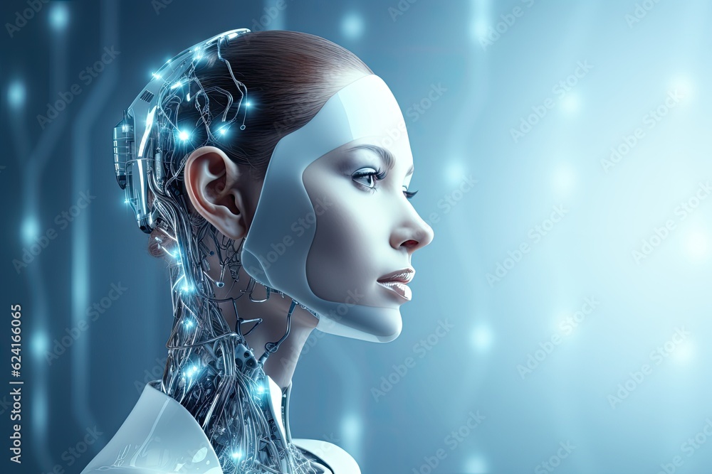 3D rendering of a female robot in a cyborgs head on a blue background, 3d rendering of a female rob