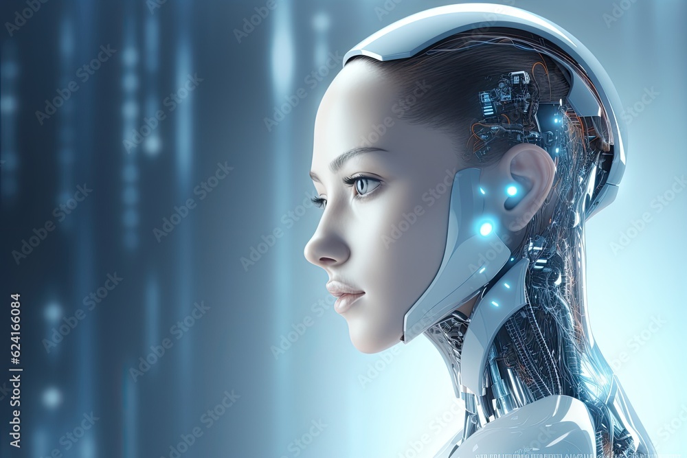 3d rendering of female robot with artificial intelligence concept on blue background, 3d rendering o