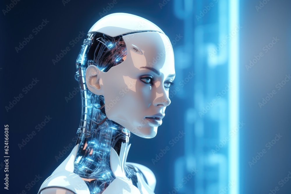 3d rendering of female cyborg with artificial intelligence on blue background, 3d rendering of a fem