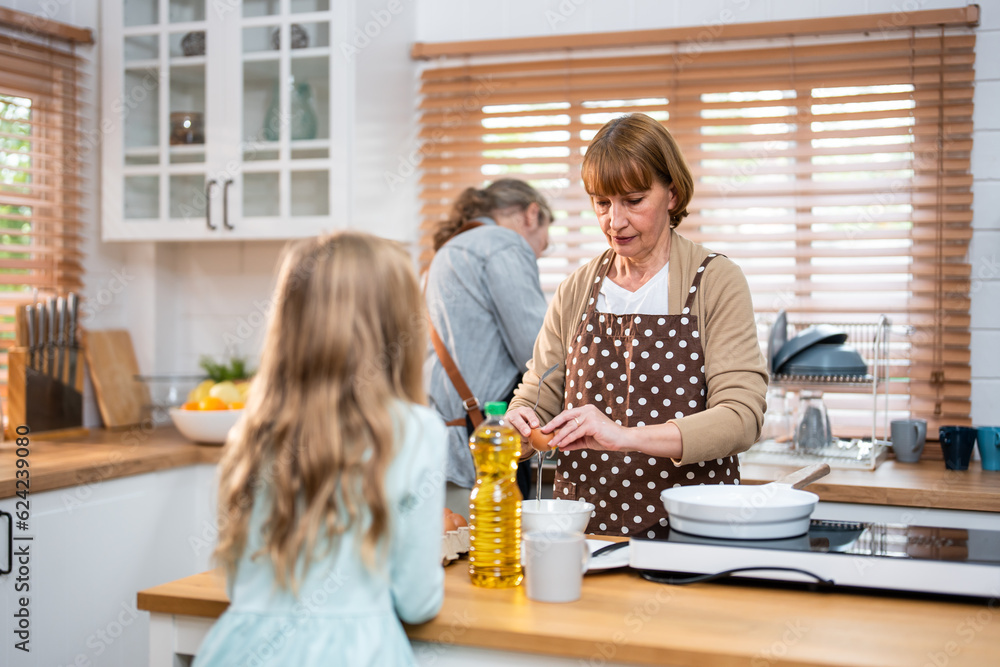 Attractive Caucasian family wear apron, cook foods in kitchen at home. 