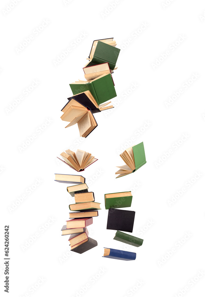 books in flight on a white background