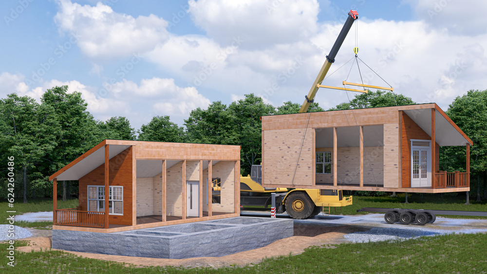 Assembling a modular house exterior. 3d illustration