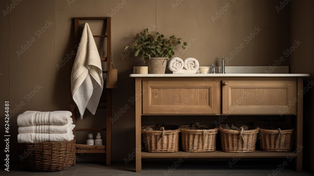 Interior design of Bathroom in Farmhouse style with Clawfoot Tub decorated with Subway Tile, Wicker 