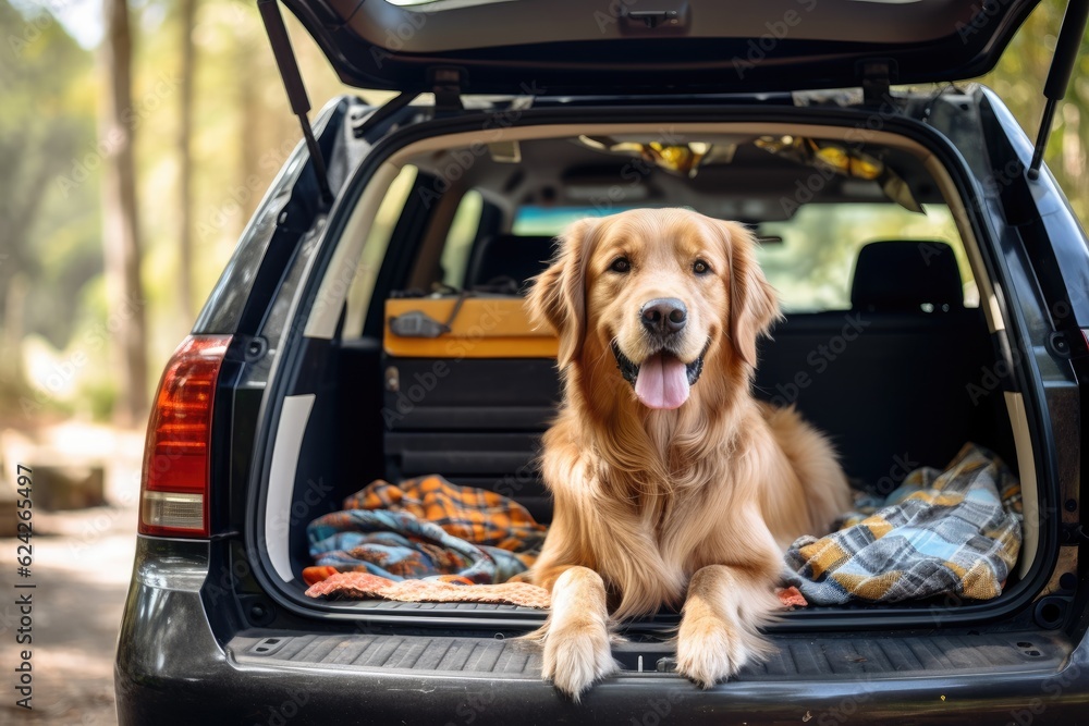 Golden retriever dog sitting in car trunk ready for a vacation trip.