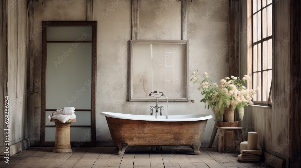 Interior design of Bathroom in Farmhouse style with Clawfoot Tub decorated with Subway Tile, Wicker 