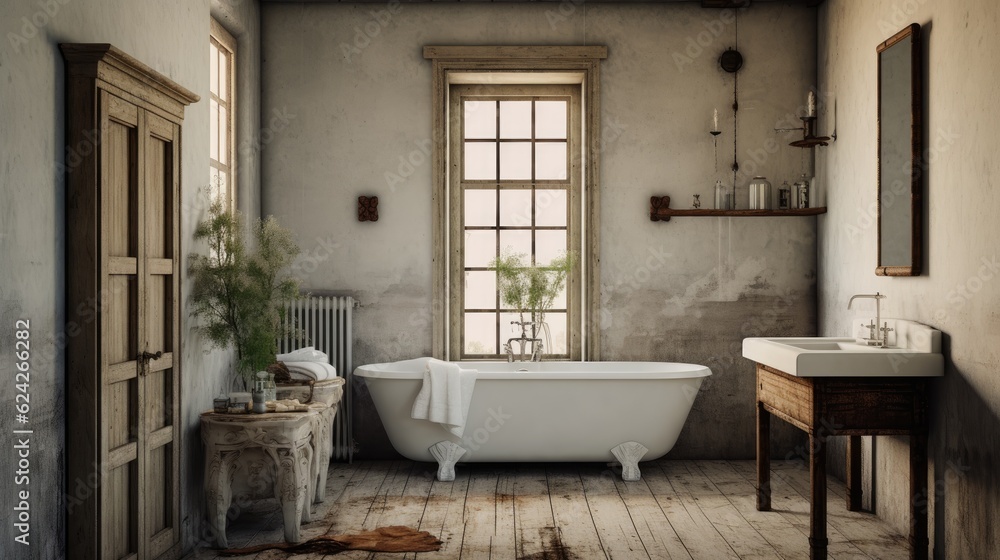 Interior design of Bathroom in Farmhouse style with Clawfoot Tub decorated with Subway Tile, Wicker 