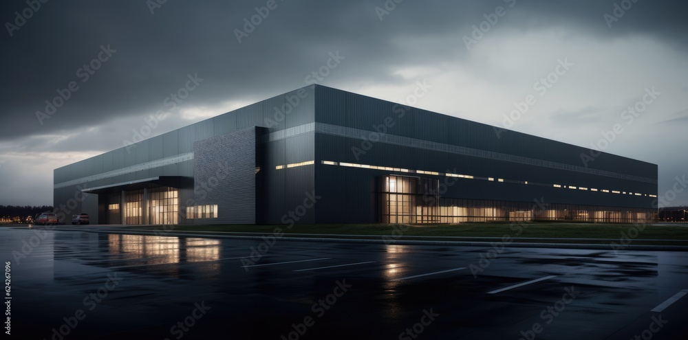 Realistic render of logistic business transport warehouse dock station. Factory and transport house.