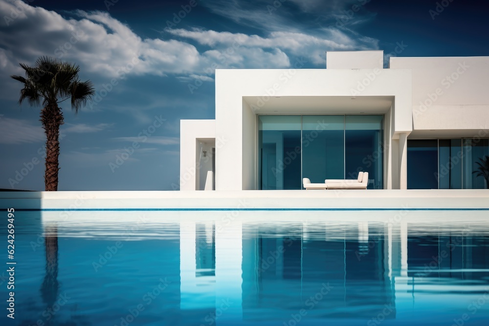 Exterior of modern minimalist cubic villa with swimming pool at sunset.