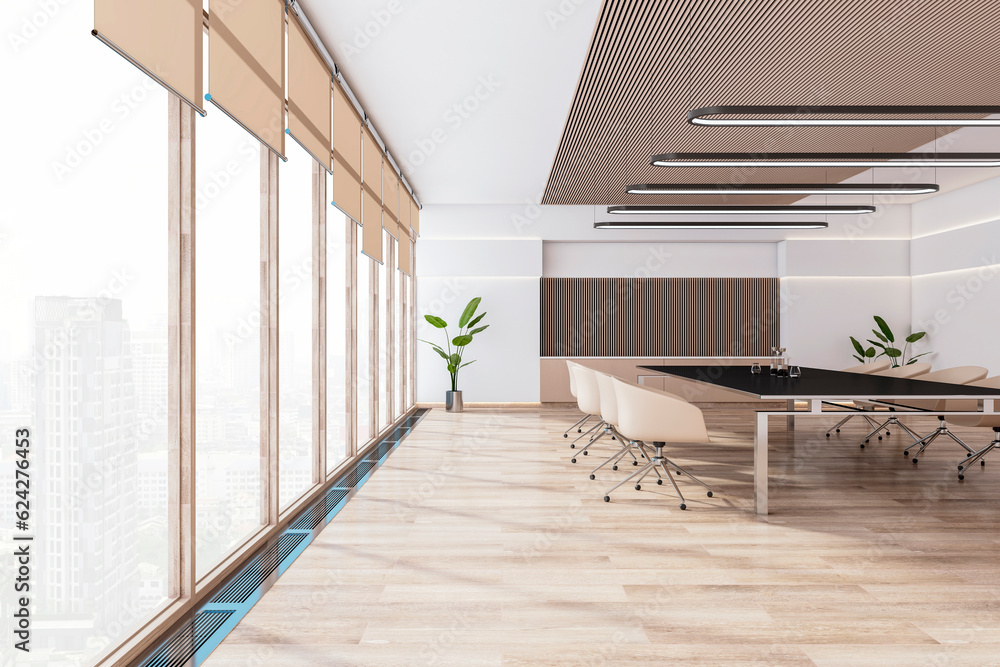 Side view of modern light meeting room interior with office desk and chairs, plant, panoramic window