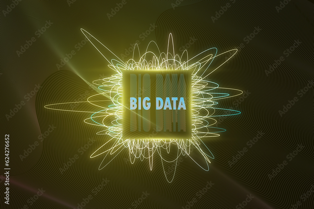 Creative big data chip on blurry waves background. Machine learning and information mining concept. 