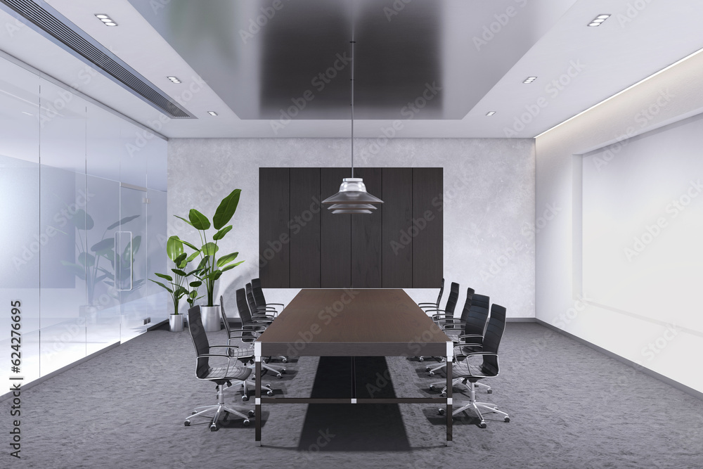 Side view of modern empty boardroom interior with office desk and chairs, matte glass wall and grey 