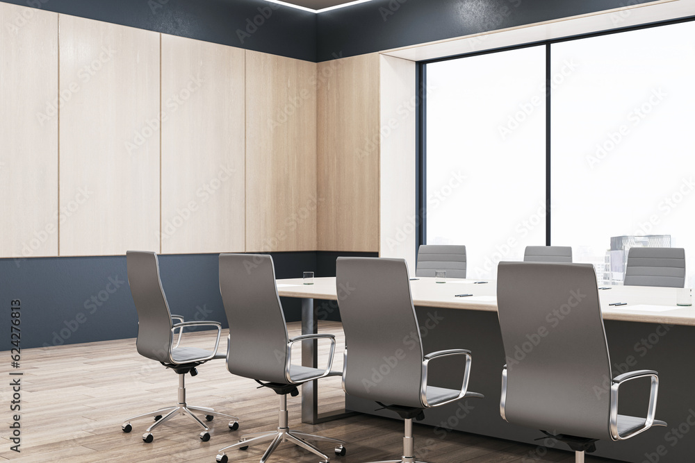 Empty modern conference room with office desk and chairs, wooden wall and floor, and window with cit