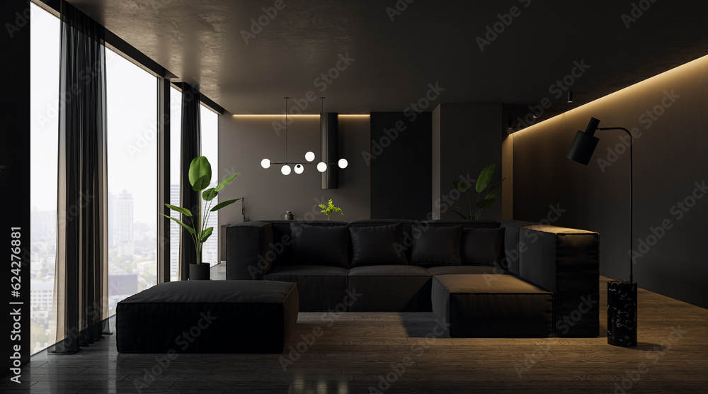 Modern dark living room with window and city view, furniture. Interior design concept. 3D Rendering.