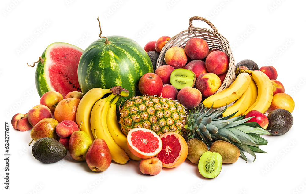 Still life of tropical fruits. Pineapple, watermelon, pears, apples, peaches, grapefruit, kiwi, pear