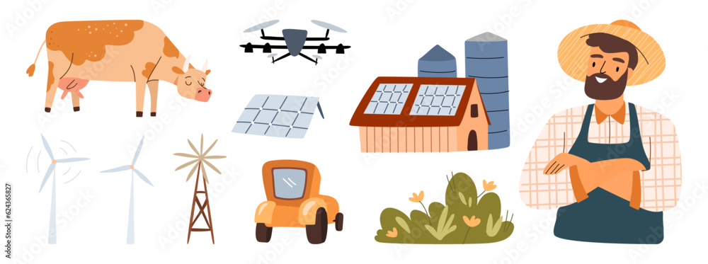 Smart farm, modern agricultural technology icons set. Vector rural animals, solar panels and windmil