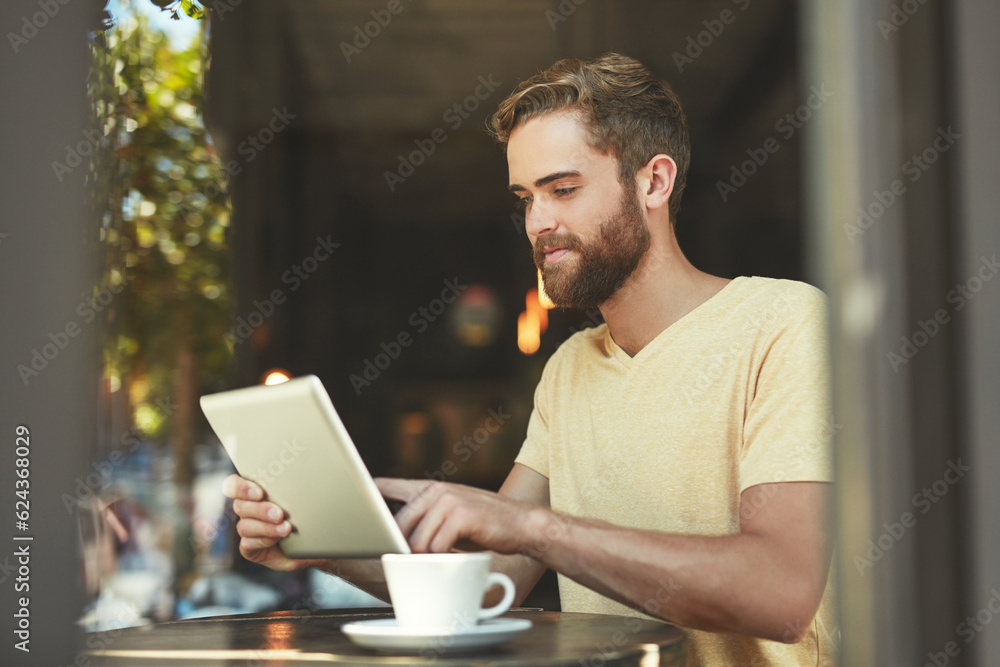 Coffee shop, tablet and man typing, scroll or working on freelance blog, online review or cafe feedb