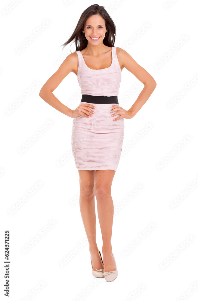 Fashion, happy and portrait of woman with dress and heels for formal, elegant or luxury outfit. Conf